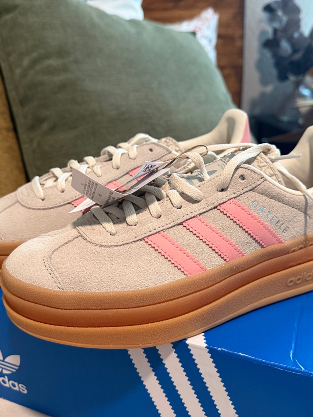 adidas Beige Suede Sneakers with Pink Stripes and Gum Platform Sole